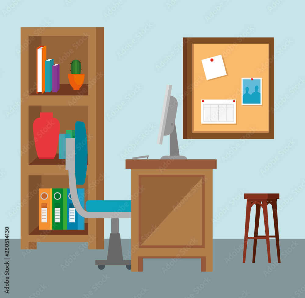 computer technology with noteboard and desk with chair computer technology with noteboard and desk with chair
