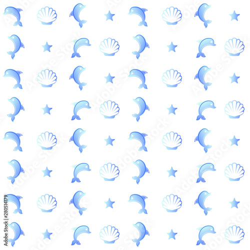Geometric elegant blue marine seamless pattern with dolphins.
