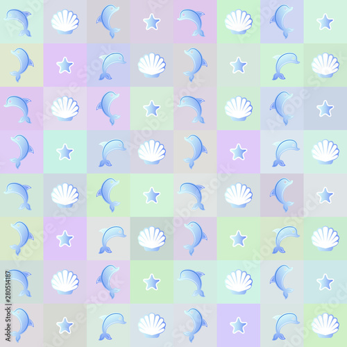 Geometric elegant tiled marine seamless pattern with dolphins.