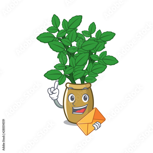 With envelope lemon balm in a mascot pot