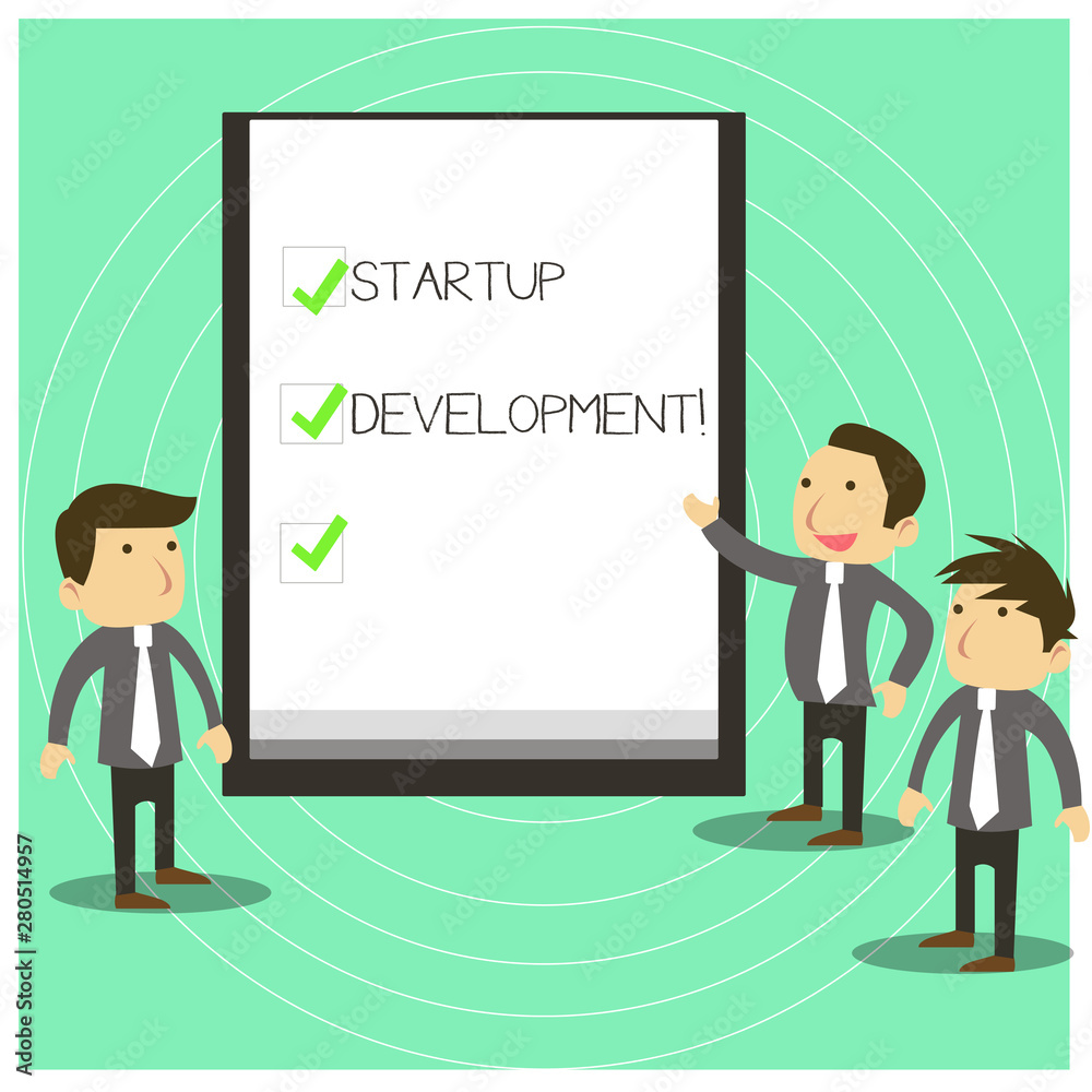 Conceptual hand writing showing Startup Development. Concept meaning efficiently develop and validate scalable business model Business Colleagues Discuss Missions Whiteboard Ticks Conceptual hand writing showing Startup Development. Concept meaning efficiently develop and validate scalable business model Business Colleagues Discuss Missions Whiteboard Ticks