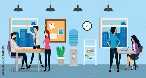 businessmen and businesswomen teamwork with desk and chair