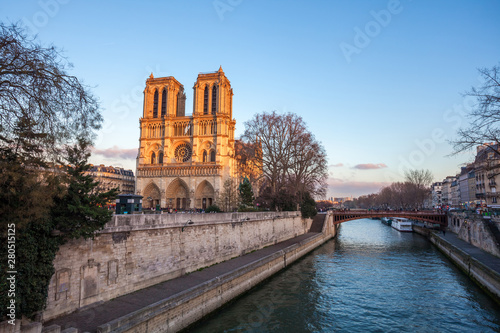 Notre Dame Cathedral in Paris in the evening, France