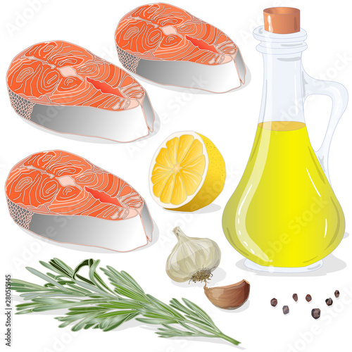 Raw salmon fillets with herbs on white background. Vector illustration