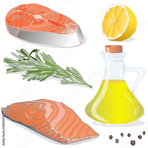 Raw salmon fillets with herbs on white background. Vector illustration