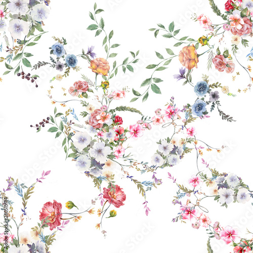 Watercolor painting of leaf and flowers, seamless pattern on white background