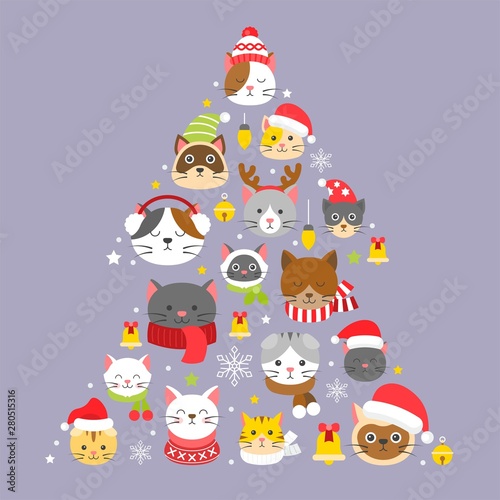 cat Christmas icon wearing winter and christmas costume arrange as Christmas tree shape illustration in flat design.