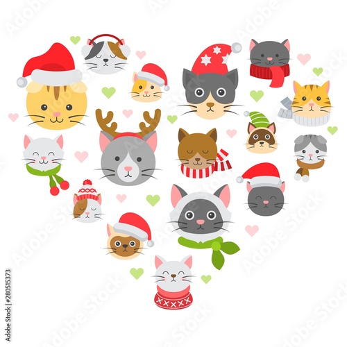 cat Christmas icon wearing winter and christmas costume arrange as heart shape illustration in flat design.