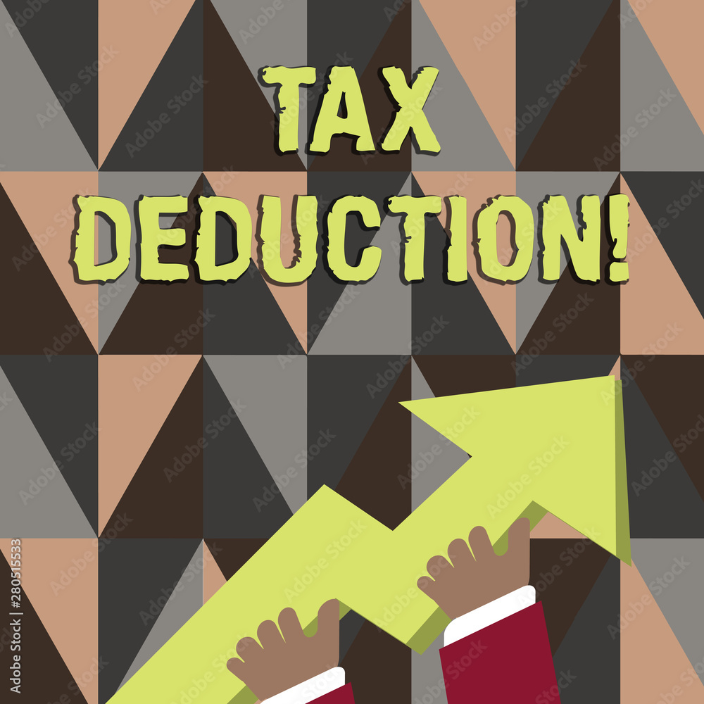 Word writing text Tax Deduction. Business photo showcasing amount subtracted from income before calculating tax owe photo of Hand Holding Colorful Huge 3D Arrow Pointing and Going Up