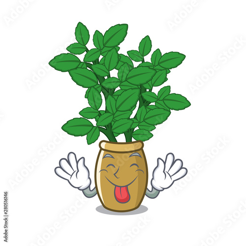 Tongue out lemon balm next the cartoon house