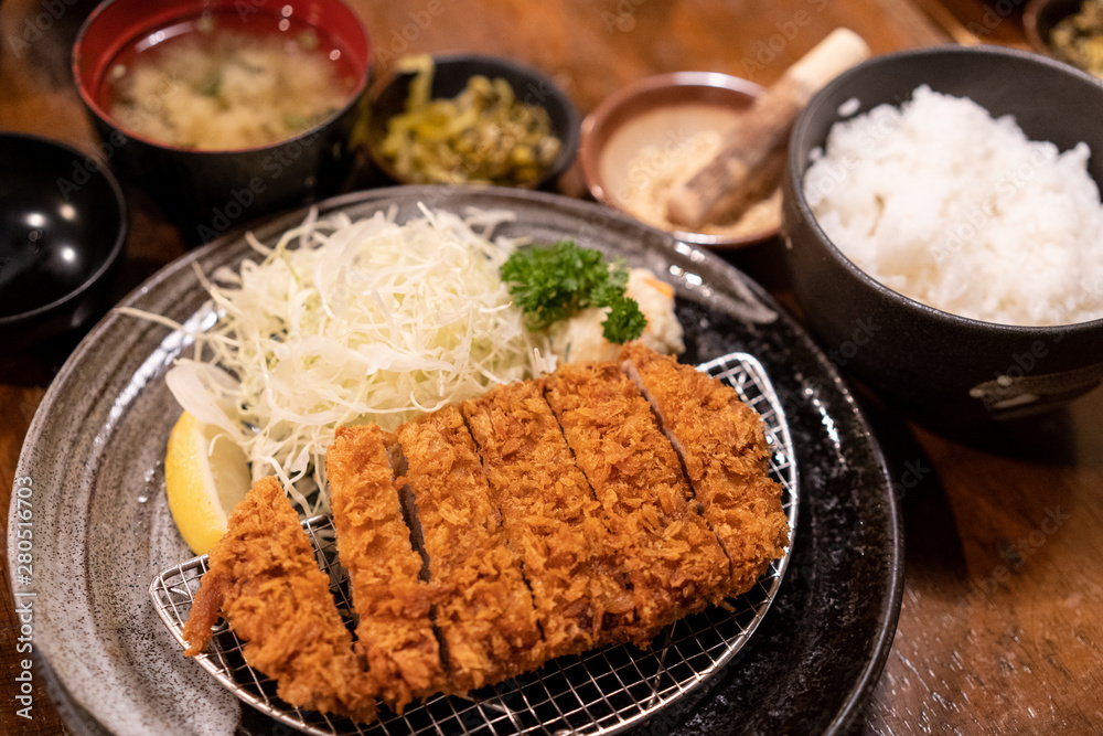 Tonkatsu set, deep fried pork, traditional Japanese food