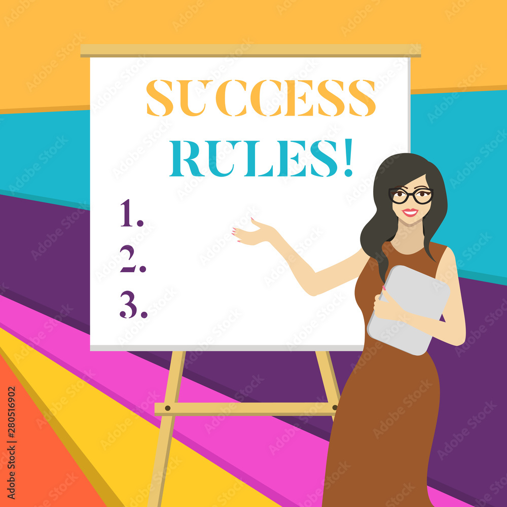 Word writing text Success Rules. Business photo showcasing able to achieve all the goals that you have set for yourself White Female in Glasses Standing by Blank Whiteboard on Stand Presentation Word writing text Success Rules. Business photo showcasing able to achieve all the goals that you have set for yourself White Female in Glasses Standing by Blank Whiteboard on Stand Presentation