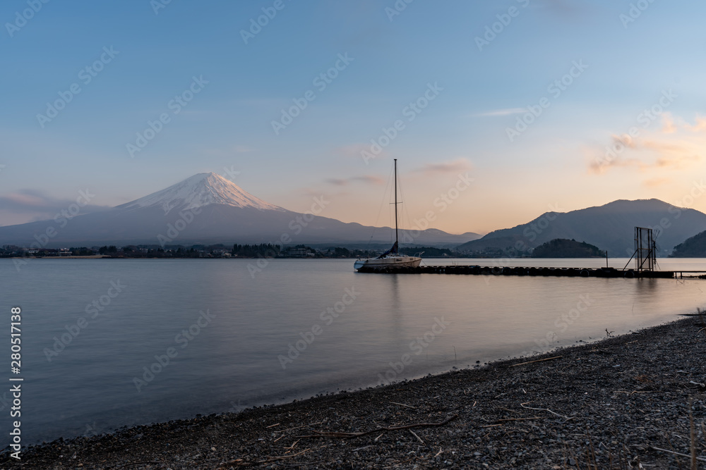 Beautiful Fuji mountain with Lake Kawaguchiko, Japan at Twilight times, fujisan