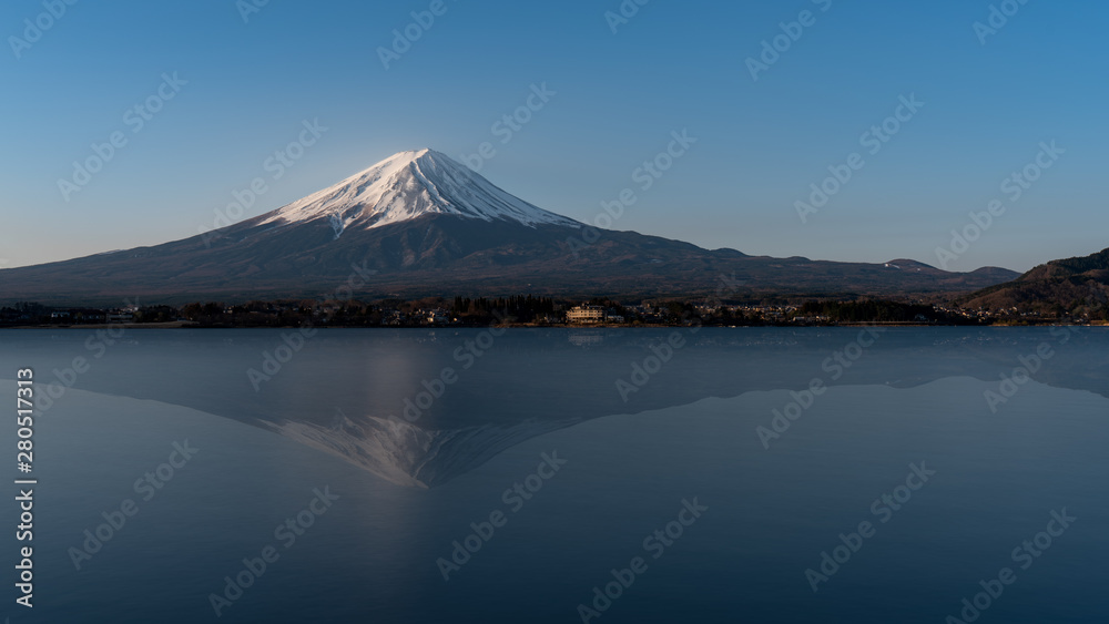 Mt Fuji reflection on water, landscape at lake Kawaguchi
