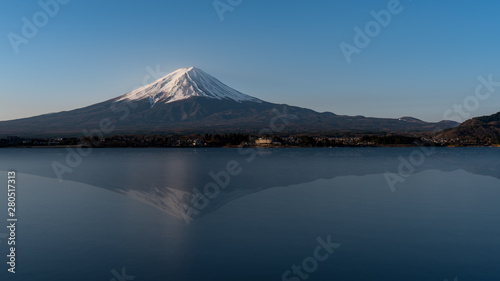 Mt Fuji reflection on water, landscape at lake Kawaguchi