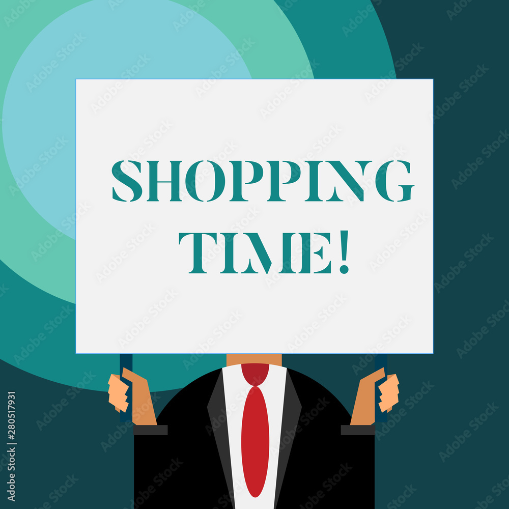 Writing note showing Shopping Time. Business concept for A period of time in which someone buys a lot of things Writing note showing Shopping Time. Business concept for A period of time in which someone buys a lot of things