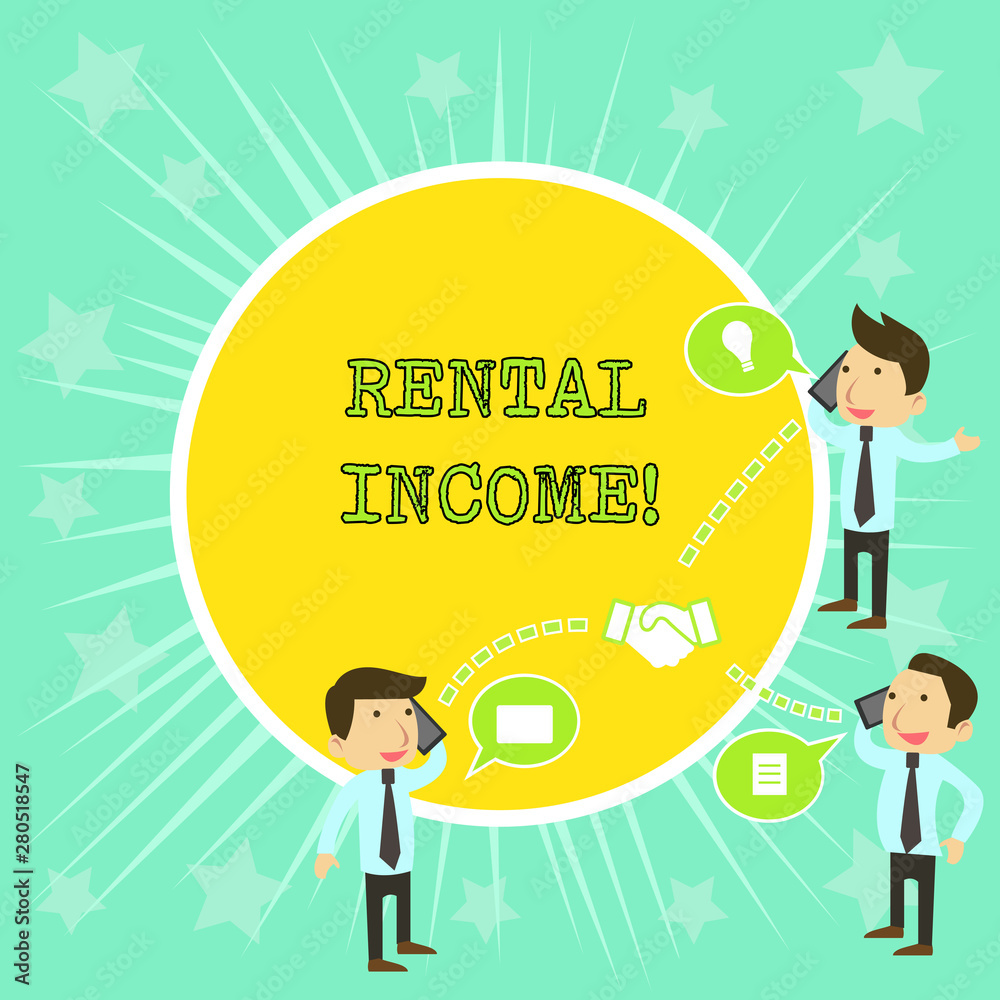 Text sign showing Rental Income. Business photo showcasing amount of money collected by a landlord from a tenant Businessmen Coworkers Conference Call Conversation Discussion Mobile Phones Text sign showing Rental Income. Business photo showcasing amount of money collected by a landlord from a tenant Businessmen Coworkers Conference Call Conversation Discussion Mobile Phones