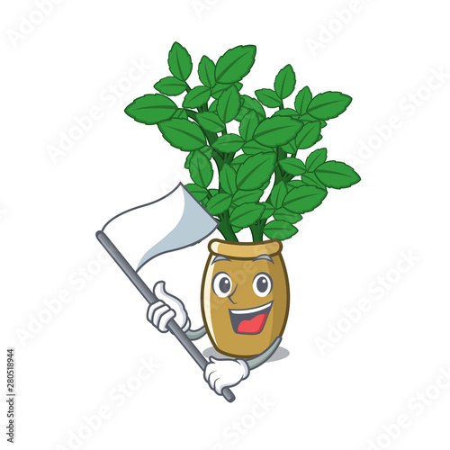 With flag lemon balm next the cartoon house