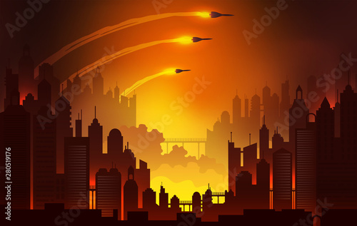 Burning city landscape, launching nuclear missiles. World War 3 vector illustration.