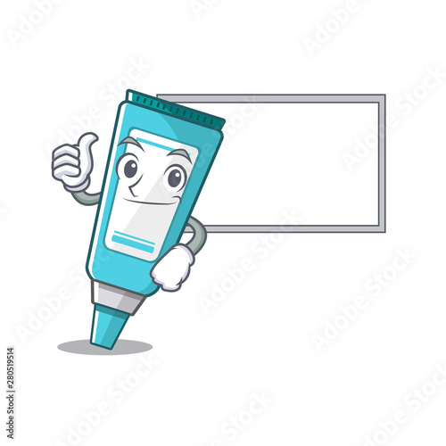 Thumbs up with board ointment placed in the cartoon sink