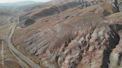 Rainbow hills of Khizi, landscape red mountains. Xizi, Azerbaijan. Aerial video 4k