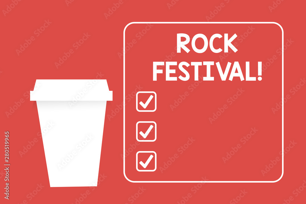 Word writing text Rock Festival. Business photo showcasing Largescale rock music concert featuring heavy metals genre Blank Coffee Tea Paper Cup in White Empty Square Frame Copy Space in Red Word writing text Rock Festival. Business photo showcasing Largescale rock music concert featuring heavy metals genre Blank Coffee Tea Paper Cup in White Empty Square Frame Copy Space in Red