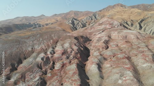 Rainbow hills of Khizi, landscape red mountains. Xizi, Azerbaijan. Aerial video 4k