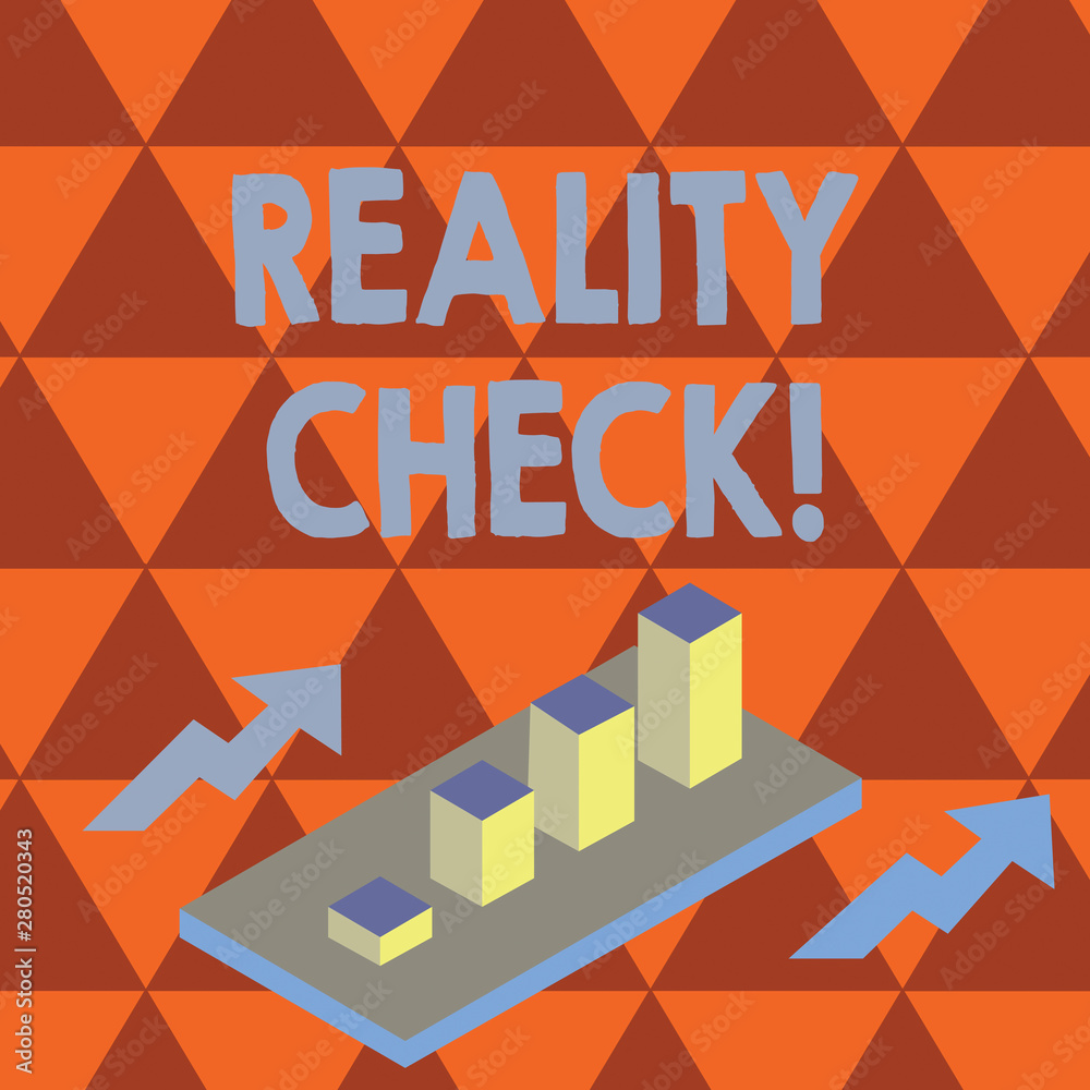 Conceptual hand writing showing Reality Check. Concept meaning one is reminded of the state of things in the real world Clustered 3D Bar Chart Graph in Perspective with Two Arrows Conceptual hand writing showing Reality Check. Concept meaning one is reminded of the state of things in the real world Clustered 3D Bar Chart Graph in Perspective with Two Arrows