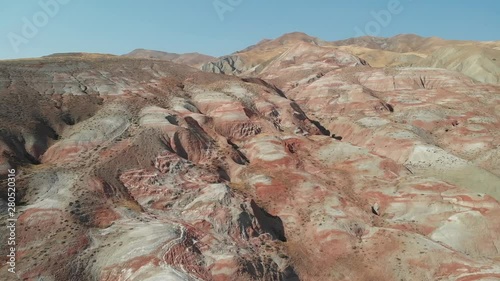 Rainbow hills of Khizi, landscape red mountains. Xizi, Azerbaijan. Aerial video 4k