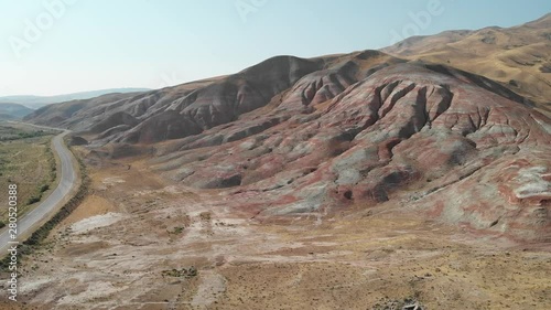 Rainbow hills of Khizi, landscape red mountains. Xizi, Azerbaijan. Aerial video 4k