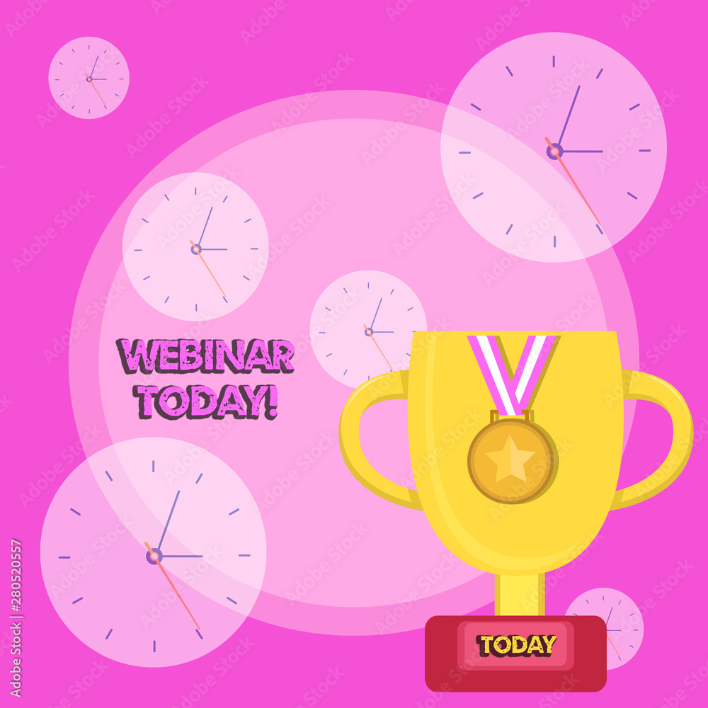 Writing note showing Webinar Today. Business concept for seminar or other presentation that takes place on the Internet Trophy Cup on Pedestal with Plaque Medal with Striped Ribbon