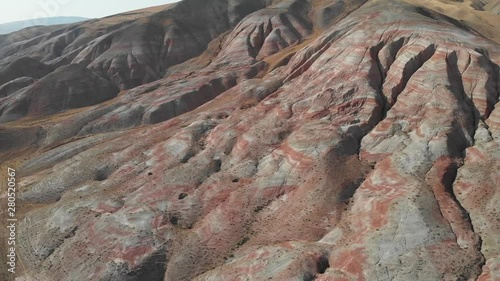 Rainbow hills of Khizi, landscape red mountains. Xizi, Azerbaijan. Aerial video 4k