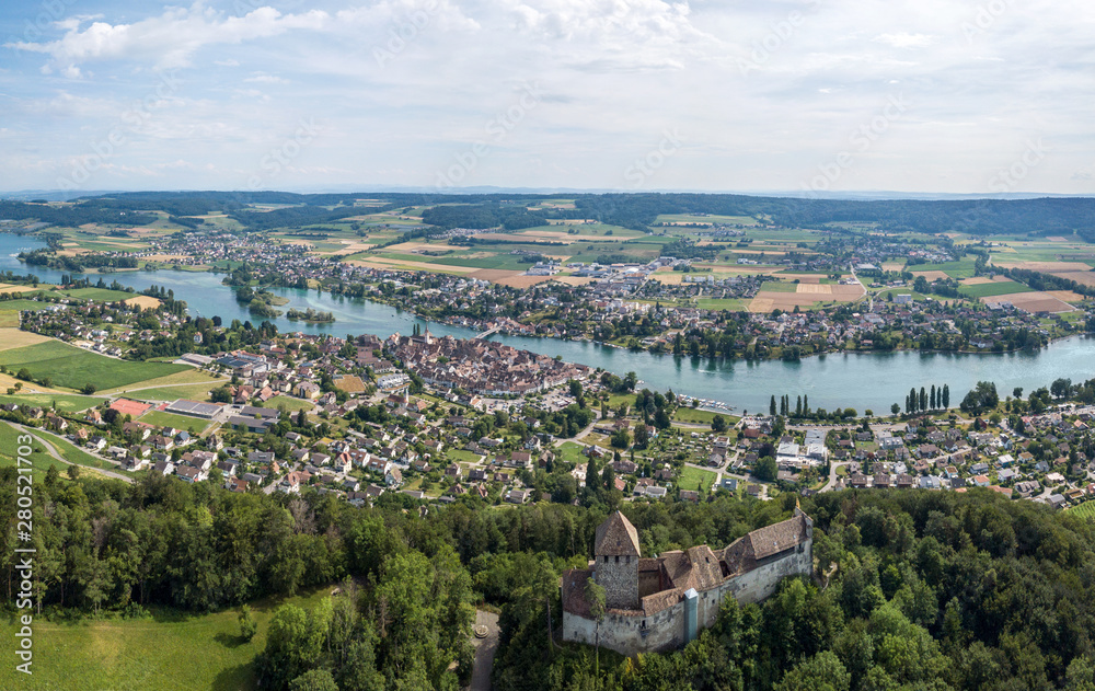Stein am Rhine, Switzerland - 21.07.2019: Panorama of Stein am Rhine and the Hohenklingen Castle in the beautiful region of Lake Constance and Rhine river. Switzerland. Aerial image by drone Stein am Rhine, Switzerland - 21.07.2019: Panorama of Stein am Rhine and the Hohenklingen Castle in the beautiful region of Lake Constance and Rhine river. Switzerland. Aerial image by drone