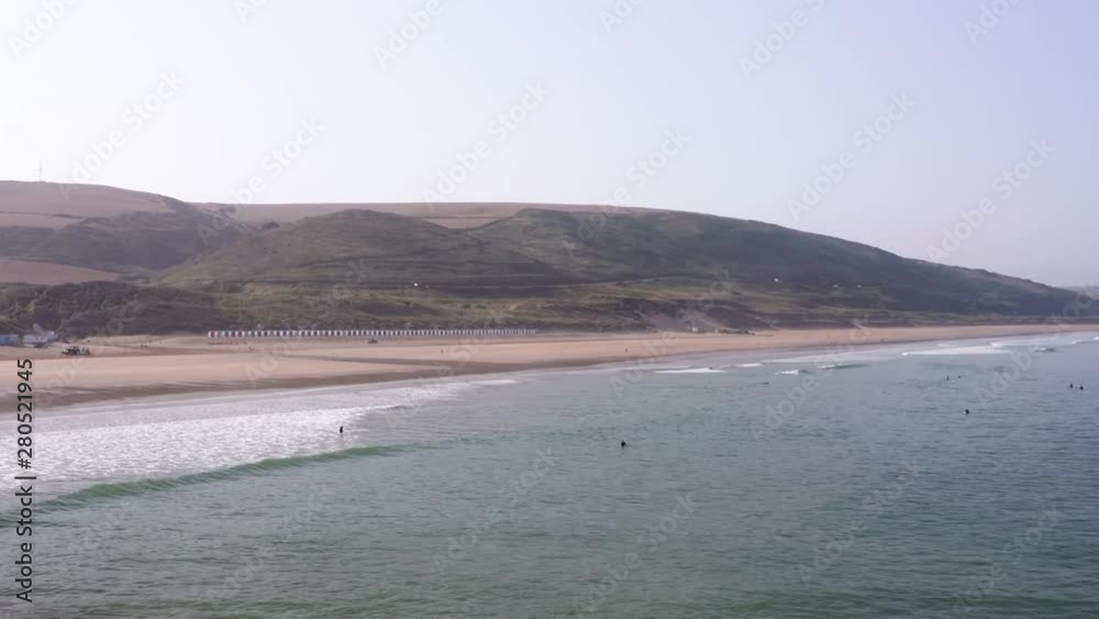 Aerial Pedestal of a Beautiful Sandy Beach in North Devon on a Summer’s Morning Aerial Pedestal of a Beautiful Sandy Beach in North Devon on a Summer’s Morning