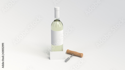 Bottle of white wine with business card and corkscrew