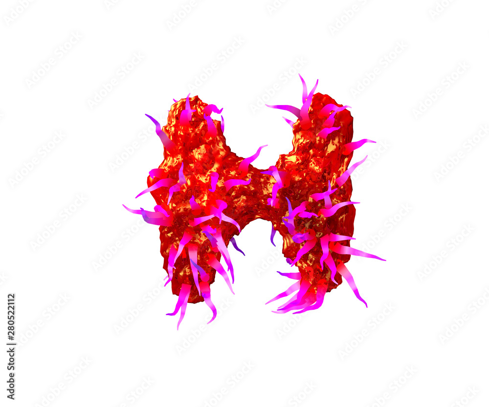 Fototapeta premium Red creepy jelly with pink tentacles isolated on white background - letter H of creepy monstrous font, 3D illustration of symbols