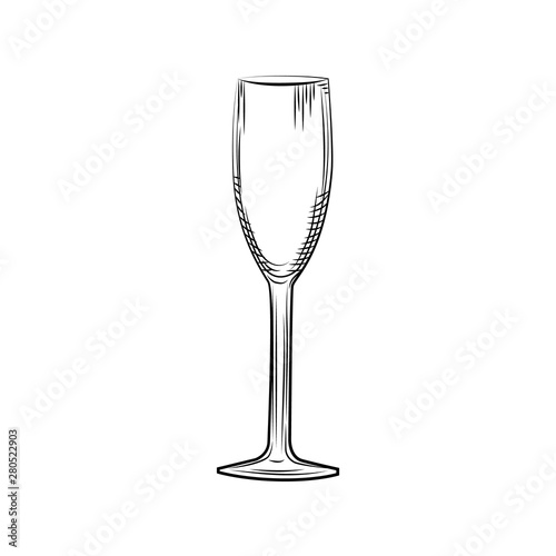Hand drawn empty champagne glass sketch. Engraving style.