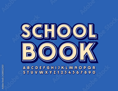 Vector trendy emblem School Book with Uppercase Alphabet Letters and Numbers. Retro style Font