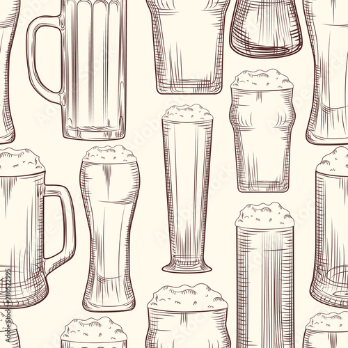 Full beer mug seamless pattern. Engraving style. Alcoholic beverage design.