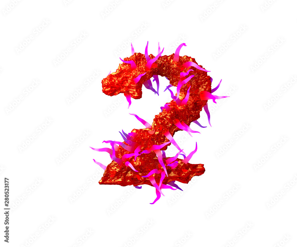 Fototapeta premium Red awful slime with pink tentacles isolated on white background - number 2 of awful space alphabet, 3D illustration of symbols