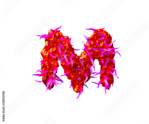 letter M of terrible alien alphabet - red jelly with pink tentacles isolated on white background, 3D illustration of symbols