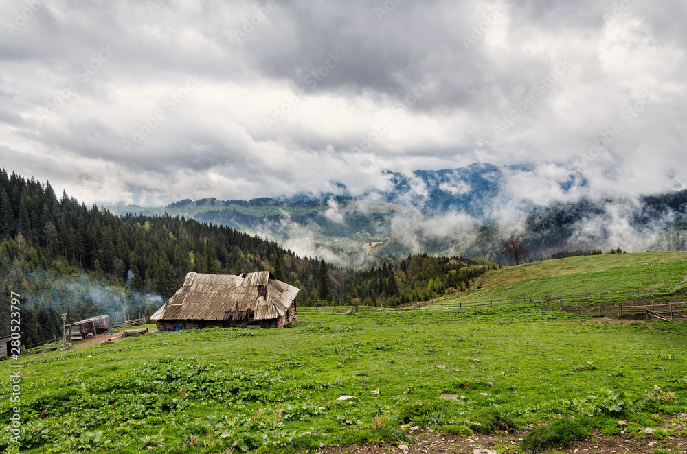  Morning in the clouds in the mountains of the Ukrainian Carpathians. Clouds in the mountains. Mountain shepherd.