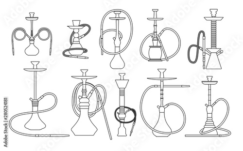 Hookah line set with pipe for smoking tobacco and shisha. Collection isolated on white background. Vector illustration