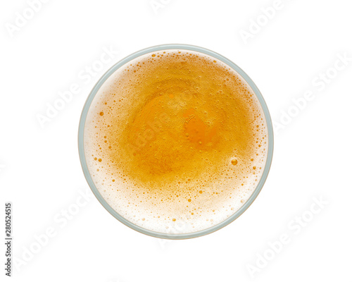 beer bubbles in glass cup on white background. top view.