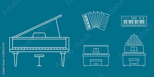 Music instruments Icons set - Vector outline symbols of piano, accordion, bayan and synthesizer for the site or interface