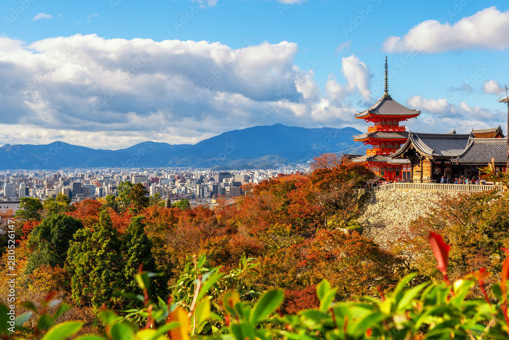 beautiful architecture at Kiyomizu-dera buddhism temple and Kyoto city skyline, autumn in Kyoto, Japan, travel background