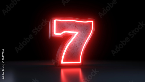 Lucky Seven Jackpot Symbol With Neon Red Lights Isolated On the Black Background - 3D Illustration