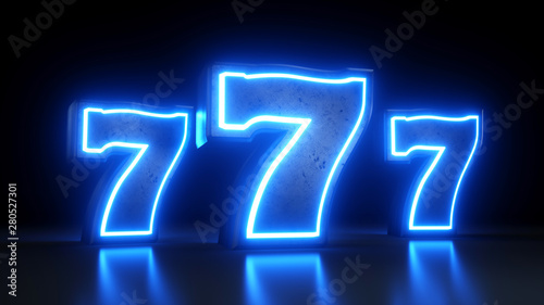 Slots 777 Casino Jackpot Symbol With Neon Blue Lights Isolated On the Black Background - 3D Illustration