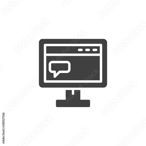 Monitor with website comment vector icon. filled flat sign for mobile concept and web design. Computer chat message glyph icon. Symbol, logo illustration. Vector graphics