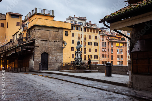 Early winter morning in Florence. Rain In The Old Town. Deserted Ponto Vecchio. Medieval city.